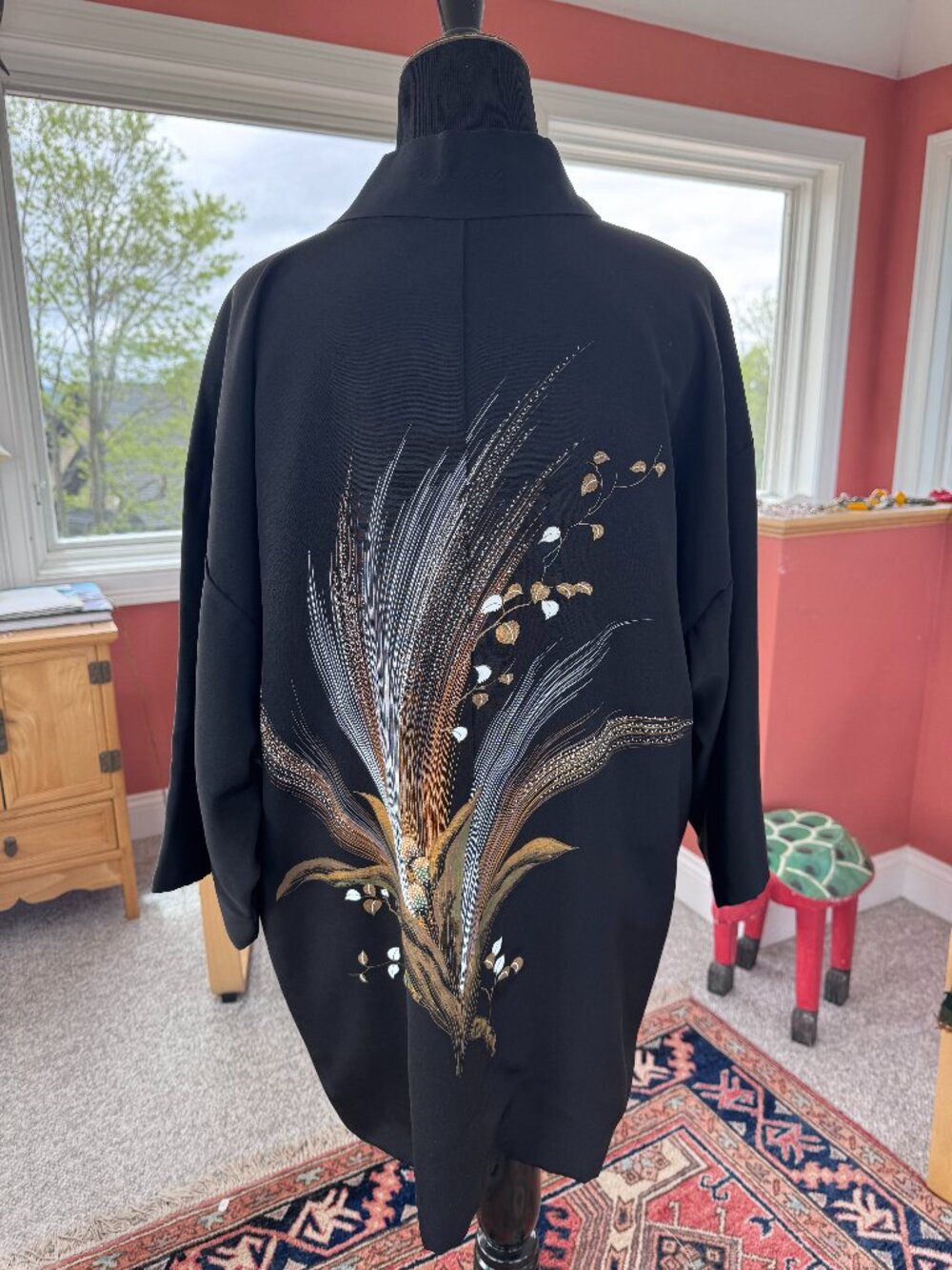 Hand painted, silk Japanese kimono with modernized sleeves. Size L